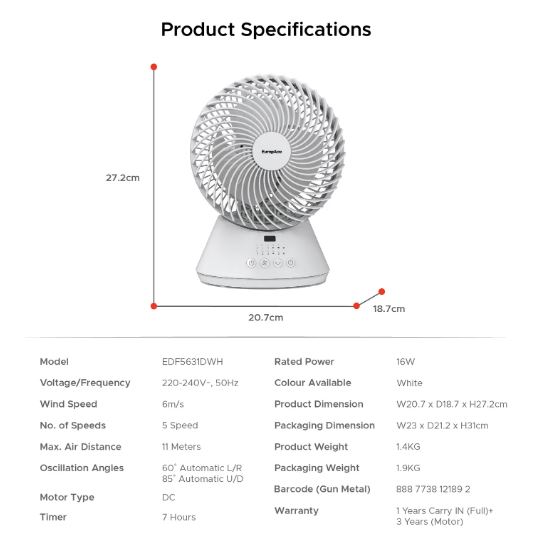 EuropAce 6-Inch Desk Fan with Digital Control (EDF5631DWH) White