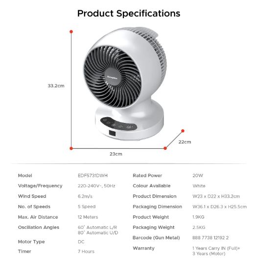 EuropAce 7-Inch Desk Fan with Digital Control (EDF5731DWH) White